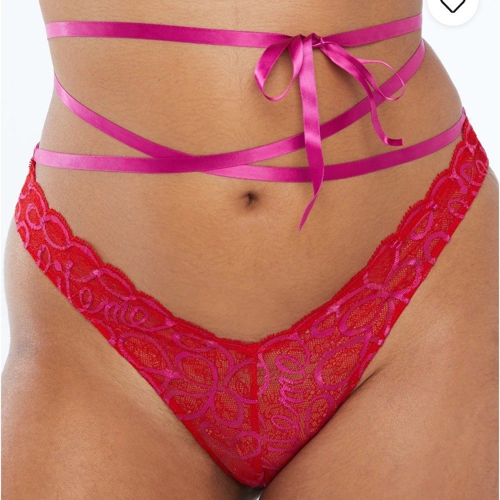 Ribbon Writing Lace Brazilian Panty with Removable Tie